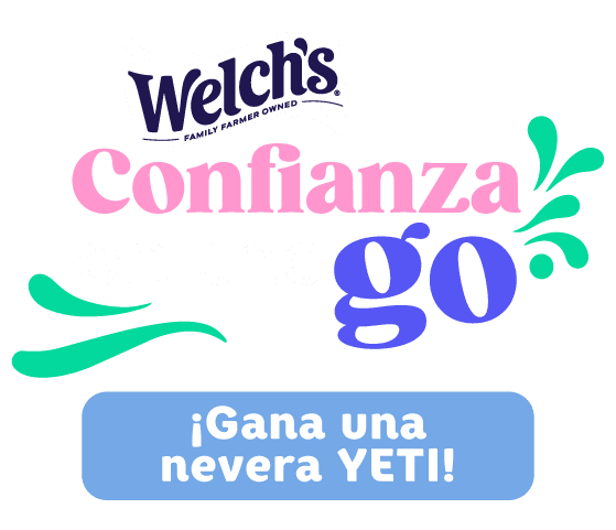 Campaña Welch's Puerto Rico - La confianza se cultiva Logotipo de la campaña con el texto "Welch's Family Farmer Owned", seguido de las palabras "Confianza" en color rosa y "go" en color azul con salpicaduras verdes decorativas, acompañado en la parte inferior por un rectángulo azul claro con el texto blanco "¡Gana una nevera YETI!".