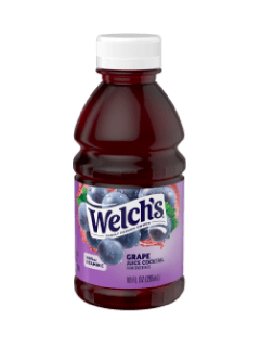 Botella de 10 onzas de Welch's Grape Juice Cocktail con etiqueta violeta y uvas ilustradas.