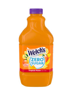 Botella de 64 onzas de jugo Welch's Zero Sugar sabor Tropical Punch, con líquido y etiqueta color naranja.