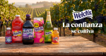 Línea de productos Welch's, incluyendo jugo de uva, fruit punch, uva blanca espumosa y parcha, sobre una mesa de madera en un viñedo. Incluye el logo de Welch's y el lema "La confianza se cultiva".